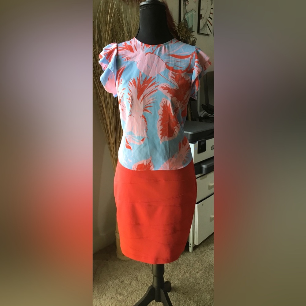 Sunday Best Blue, Pink and Coral-Red Floral Blouse with Ruffled Sleeves